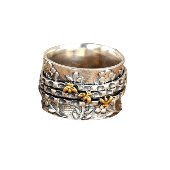 Boho Vintage Style Silver Bumblebee Wide Ring - Picture 6 of 8